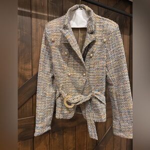 SHEIN Tweed Double-Breasted Blazer in Blue and Tan